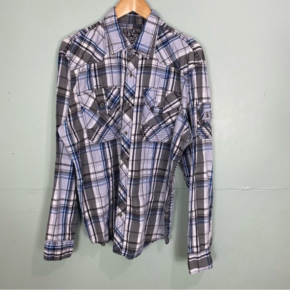 Affliction Blue Black Plaid Button Down‎ Shirt Mens XL - Picture 2 of 6